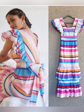 Plenty by Tracy Reese Multicolor Striped Maxi Dress in Pink, Blue & Orange XS